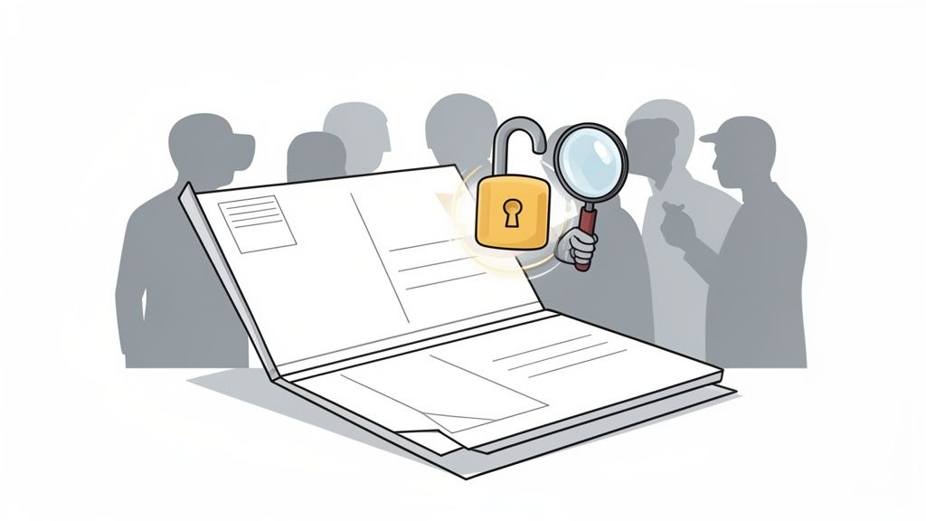 An open document with an unlocked padlock and magnifying glass, surrounded by silhouettes of people.