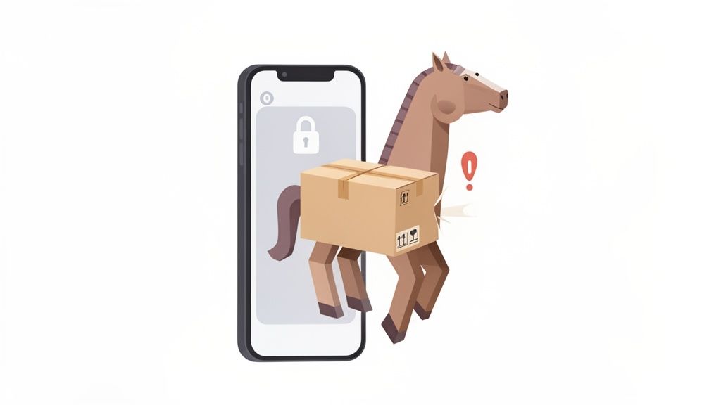 A Trojan horse emerging from a smartphone with a package and a warning sign, symbolizing a mobile scam.