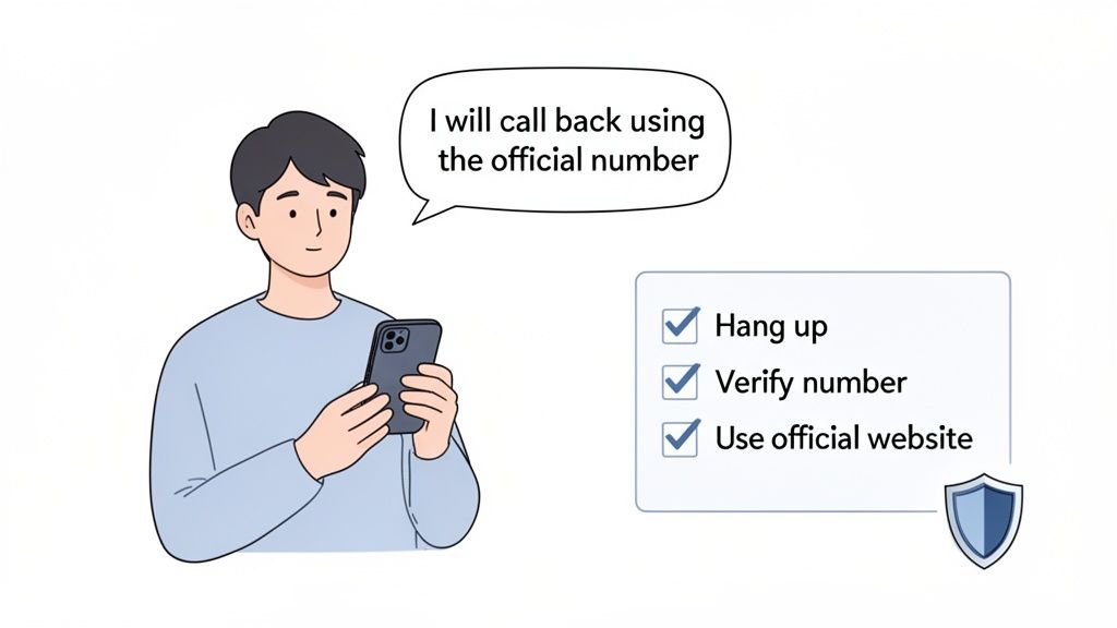 A person holding a phone plans to call back via an official number, demonstrating scam prevention steps.