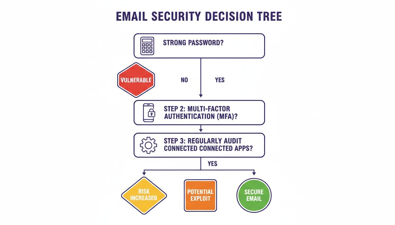 Decision tree outlining steps for email security: strong password, multi-factor authentication, and connected app audits.