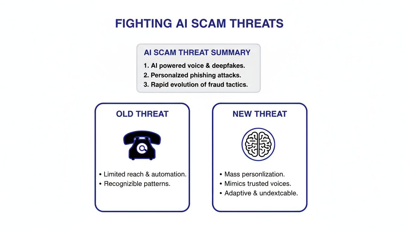 An infographic comparing old and new AI scam threats, highlighting deepfakes, phishing, and evolving tactics.