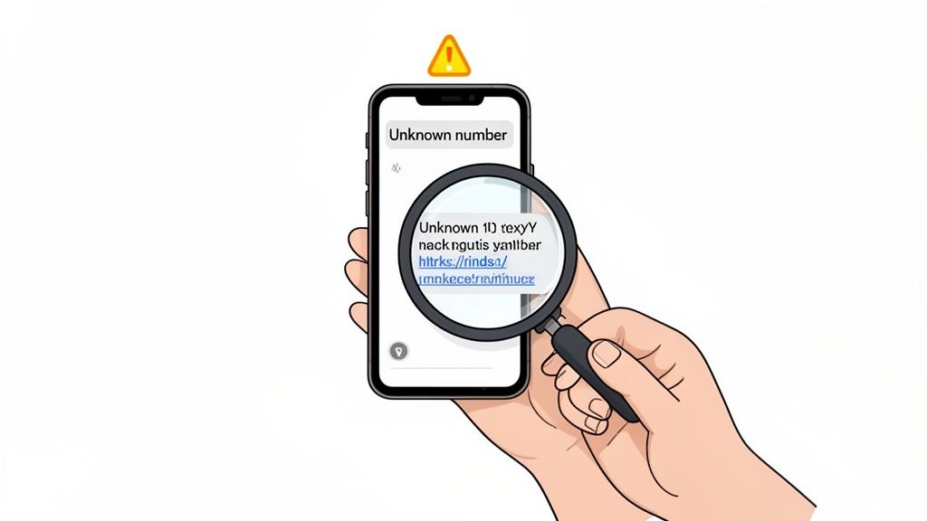 A hand holds a smartphone with a magnifying glass examining a suspicious message from an unknown number, showing a warning.