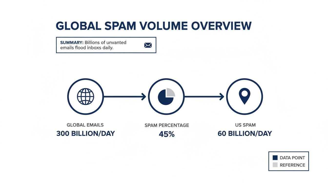Infographic showing global email spam volume: 300 billion daily emails, 45% spam, 60 billion US spam.