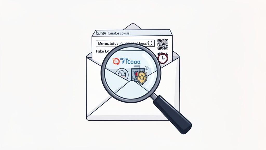 A magnifying glass inspecting a document inside an open email envelope with security and scam-related icons.