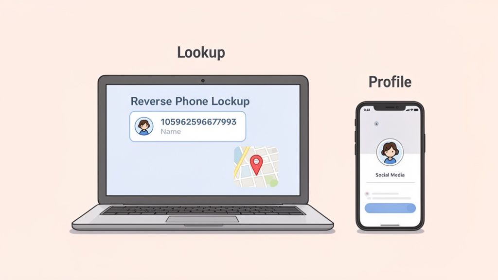 Digital screens illustrating a reverse phone lookup service on a laptop and a user's social media profile on a smartphone.