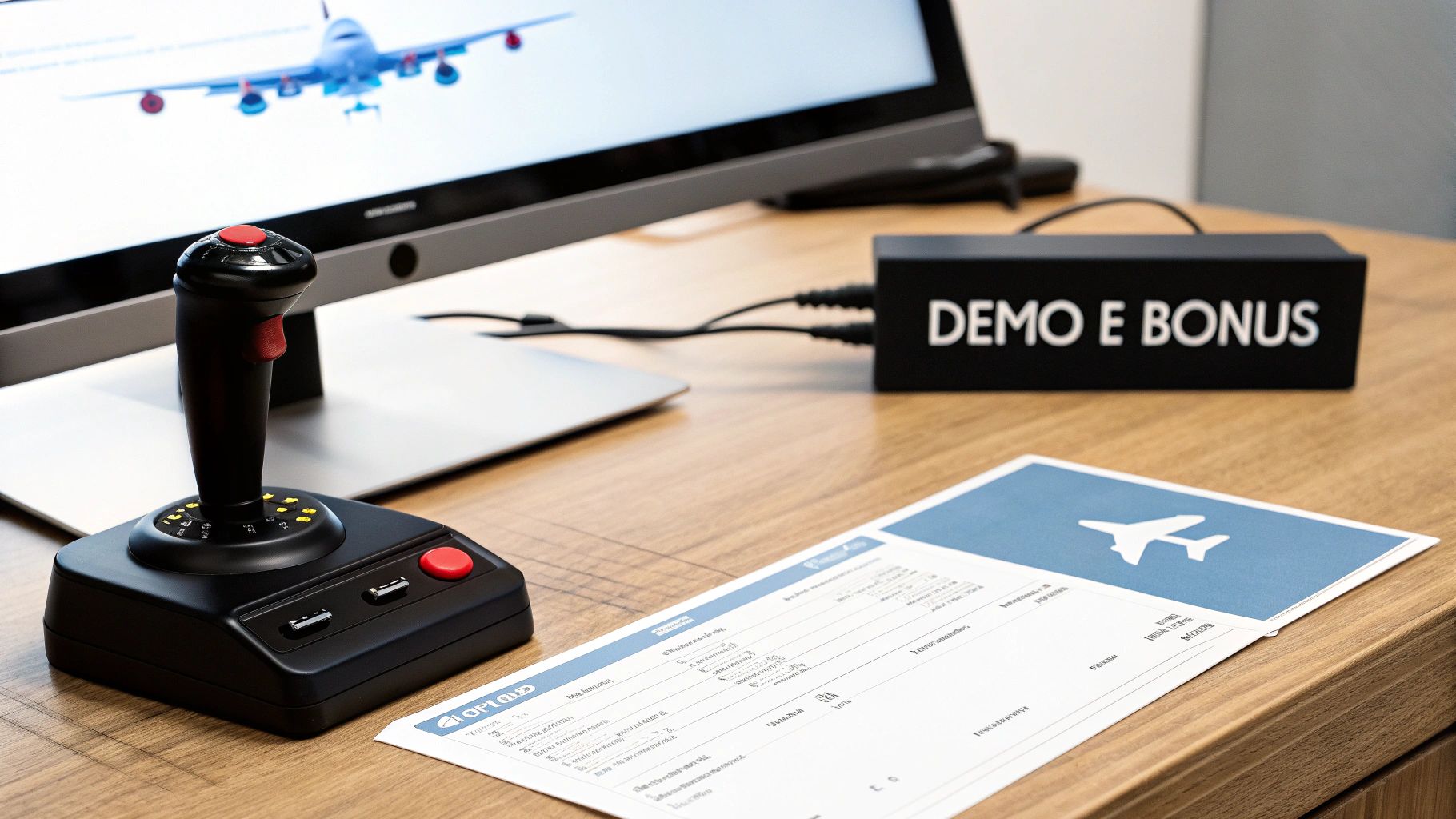 Joystick di volo su scrivania con monitor che mostra un aereo e un documento, e una scatola con scritta 'DEMO E BONUS'.