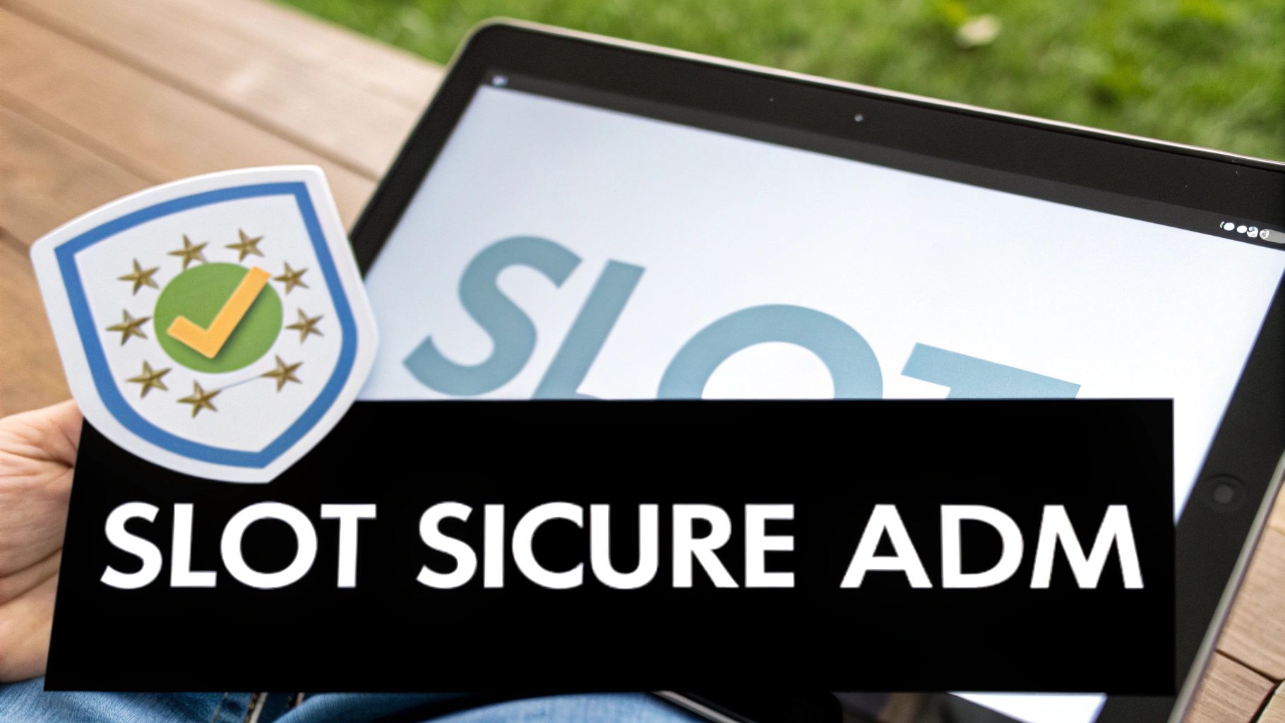 Mano tiene un tablet che mostra la scritta 'SLOT' e un banner con 'SLOT SICURE ADM', simboleggiando il gioco online sicuro.
