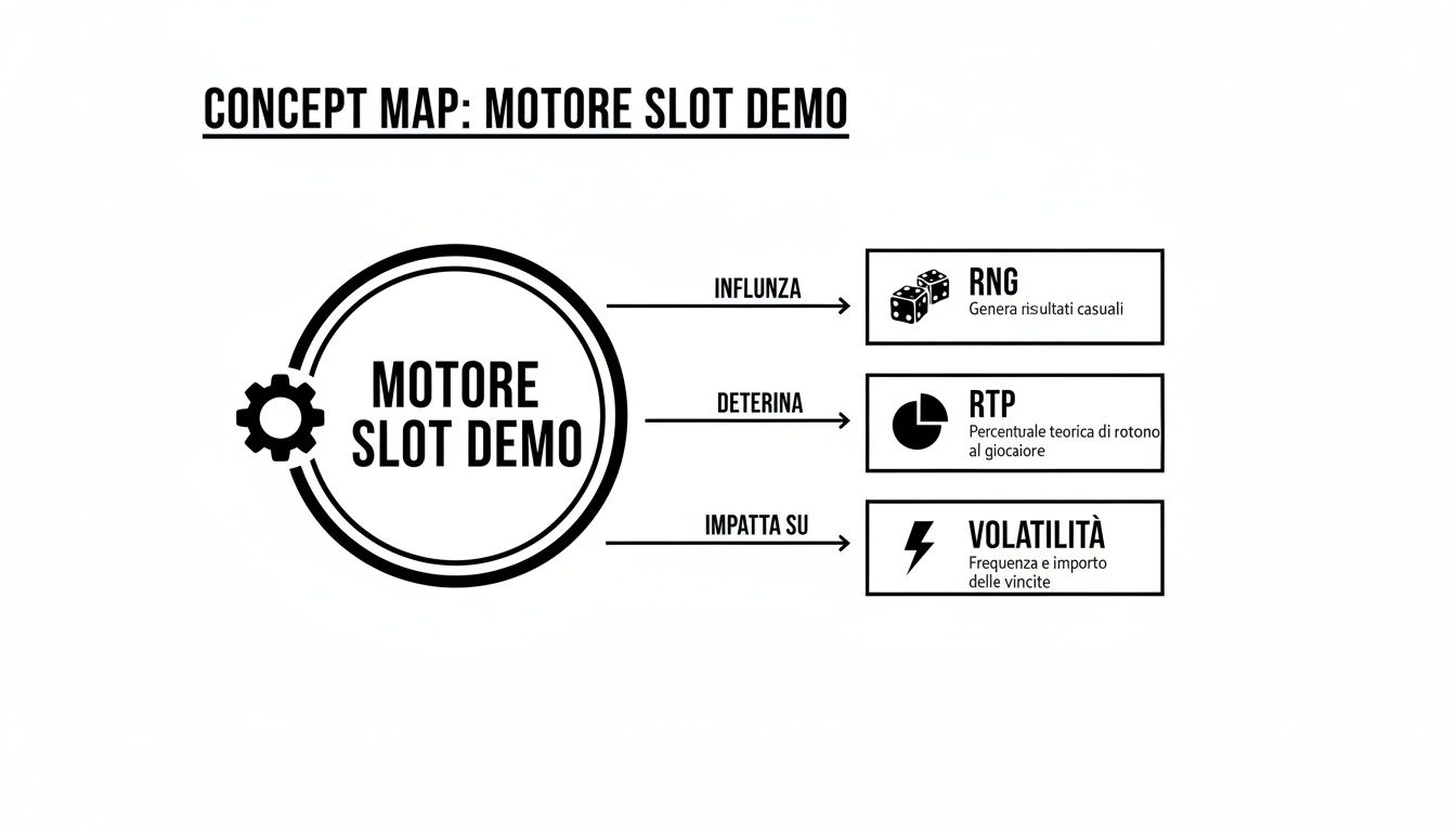Diagramma concettuale del motore di una slot machine demo e dei suoi fattori chiave: RNG, RTP e volatilità.