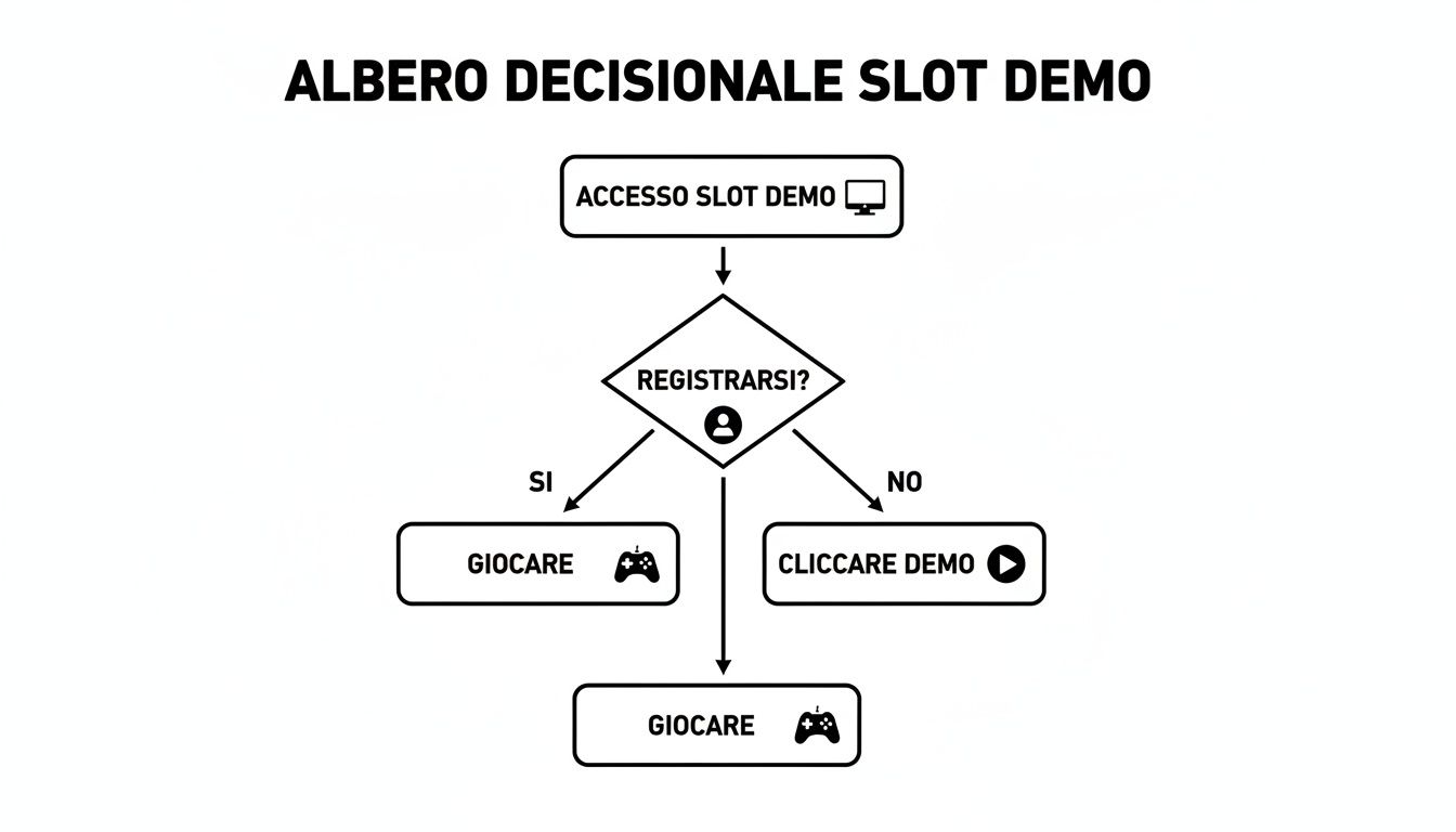 Diagramma di flusso che illustra il processo decisionale per accedere e giocare a una slot demo, con opzioni di registrazione o demo.
