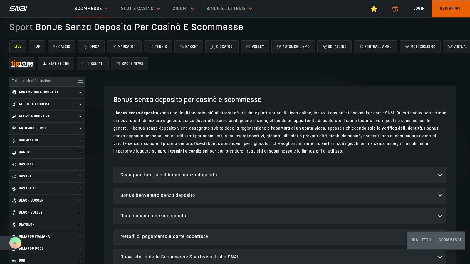 SNAI bonus senza deposito casinò