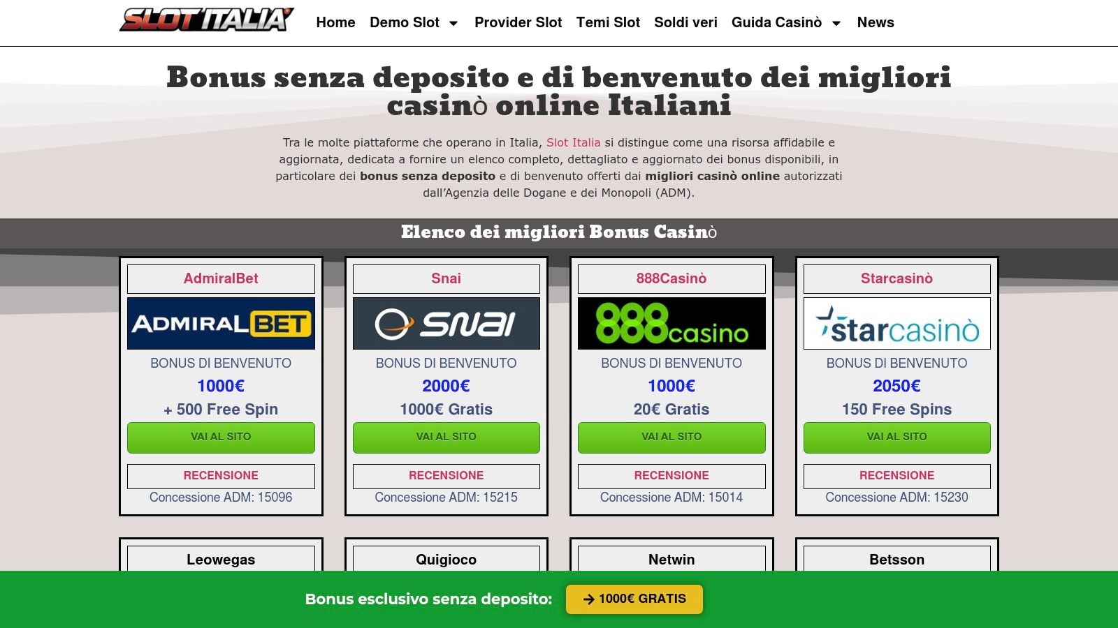 Bonus senza deposito e di benvenuto dei migliori casinò online Italiani