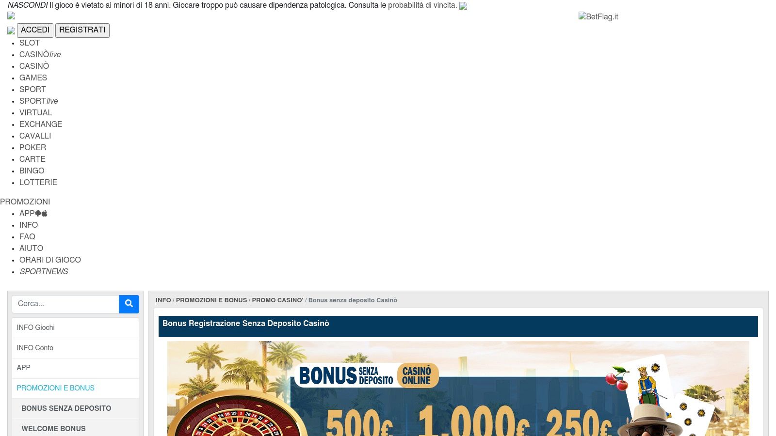 BetFlag bonus senza deposito casinò