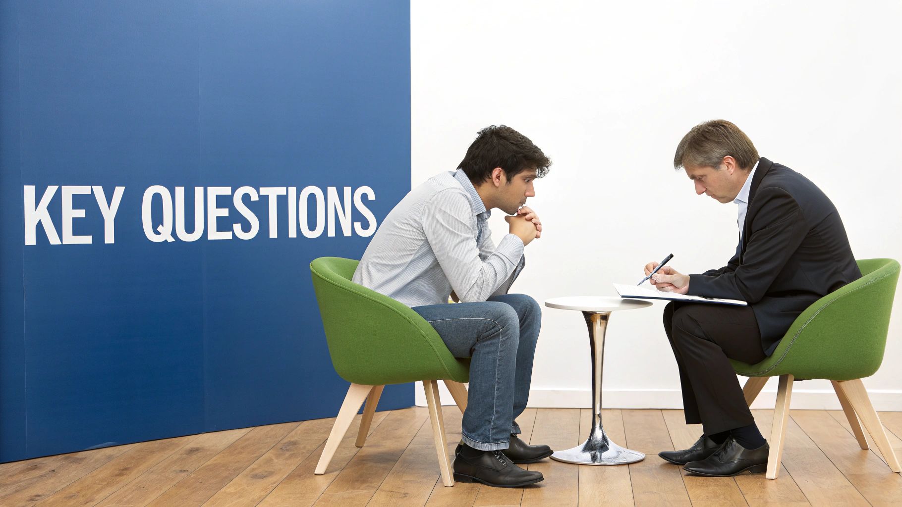A client asking questions to two web designers during a meeting in a Sharjah office.