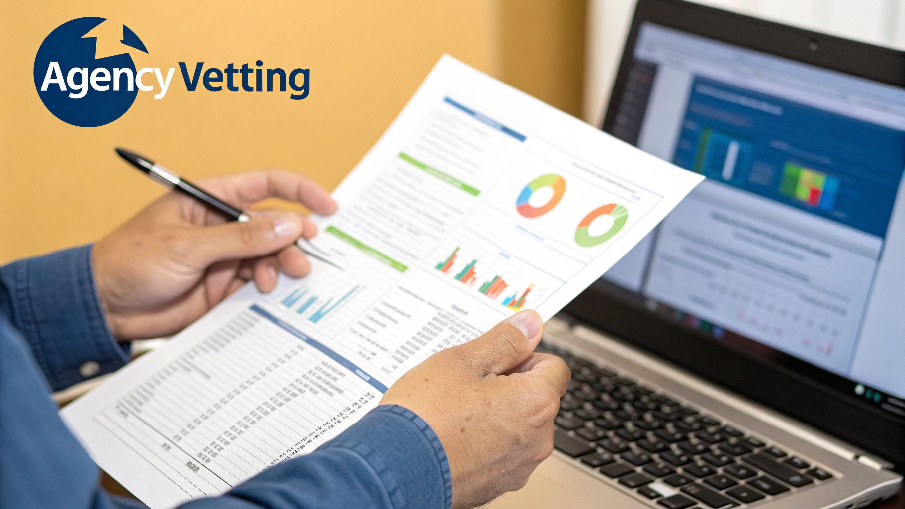 A close-up shot of a person using a magnifying glass to inspect a digital screen showing analytics and charts, representing the vetting process.