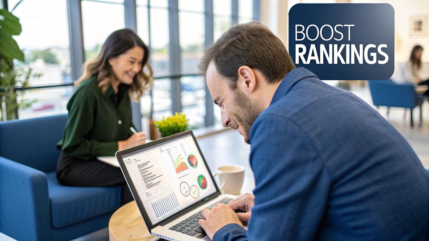 A person working on SEO strategy on a laptop with charts and graphs in the background.