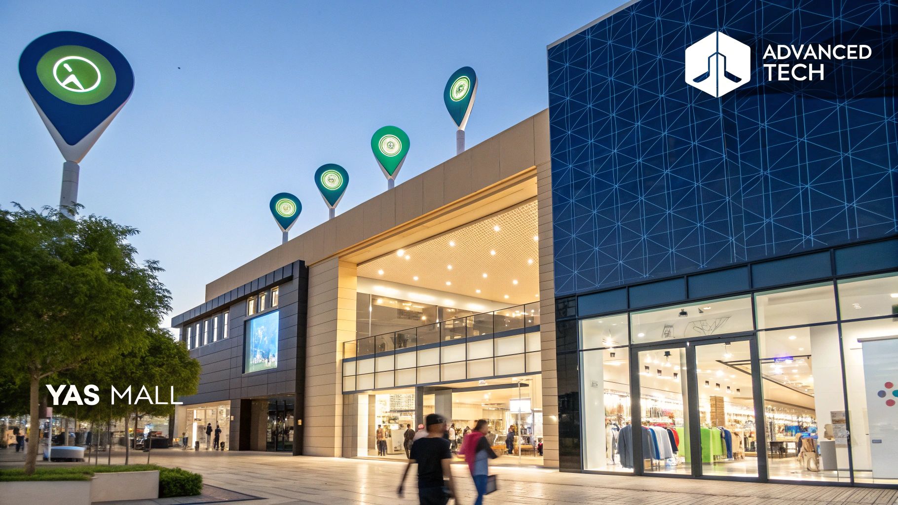 A futuristic digital interface overlaying a bustling Abu Dhabi street, representing advanced marketing technology.