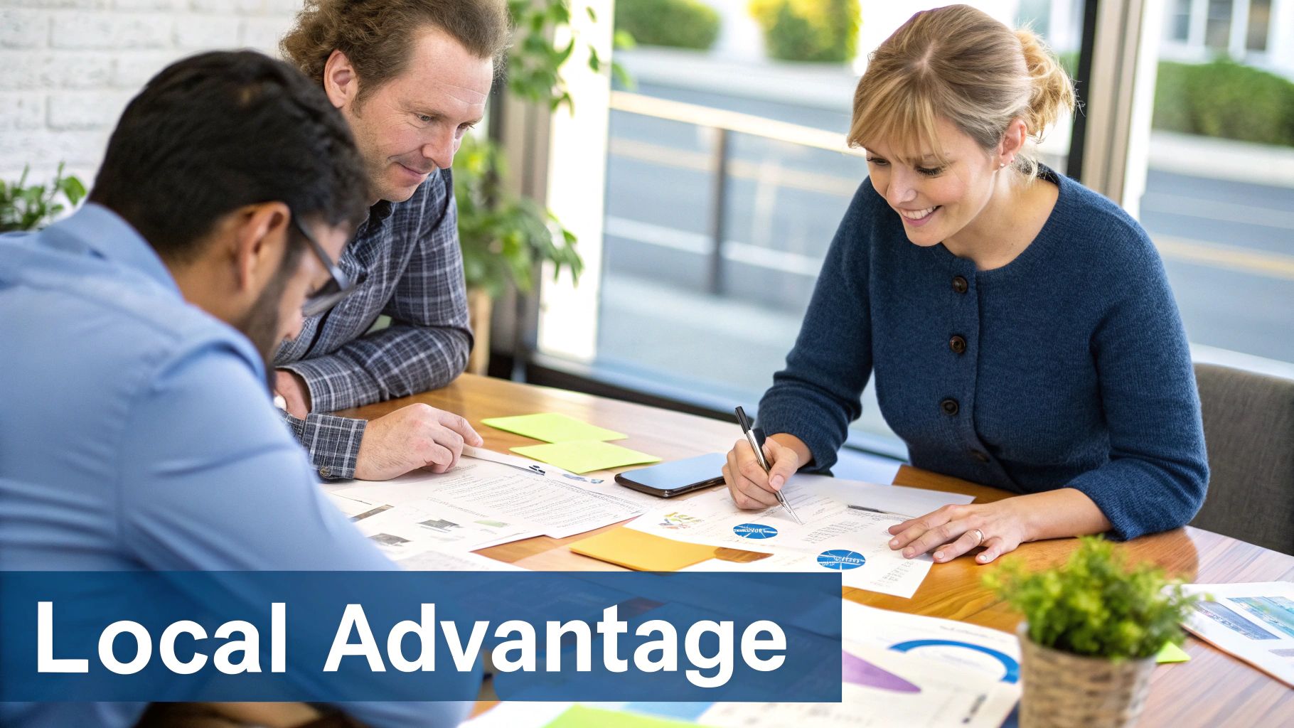 A team collaborating around a table with laptops and charts, representing a local SEO agency at work.