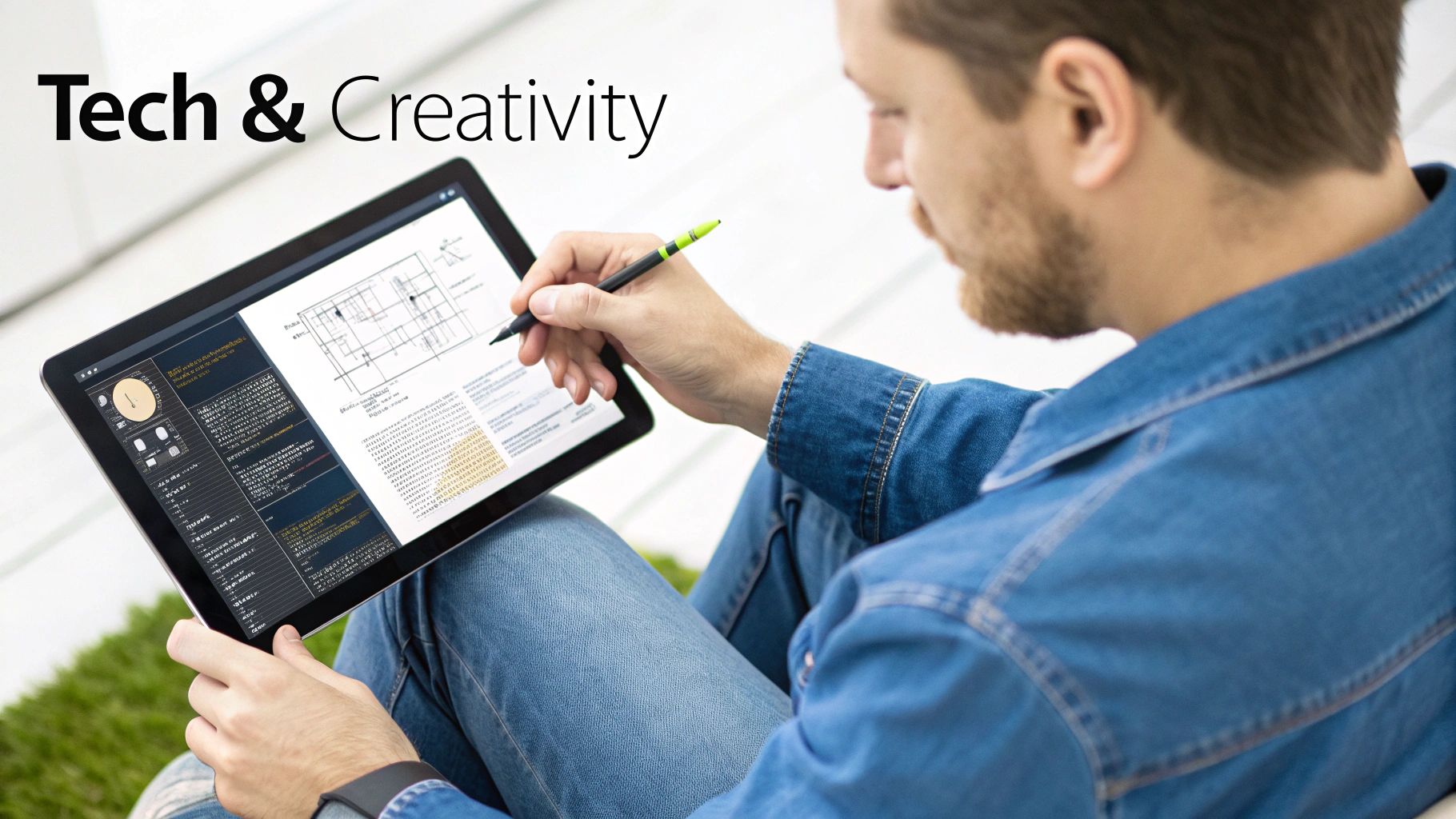 A split-screen image showing data analytics on one side and a creative design process on the other, representing the blend of tech and creativity.