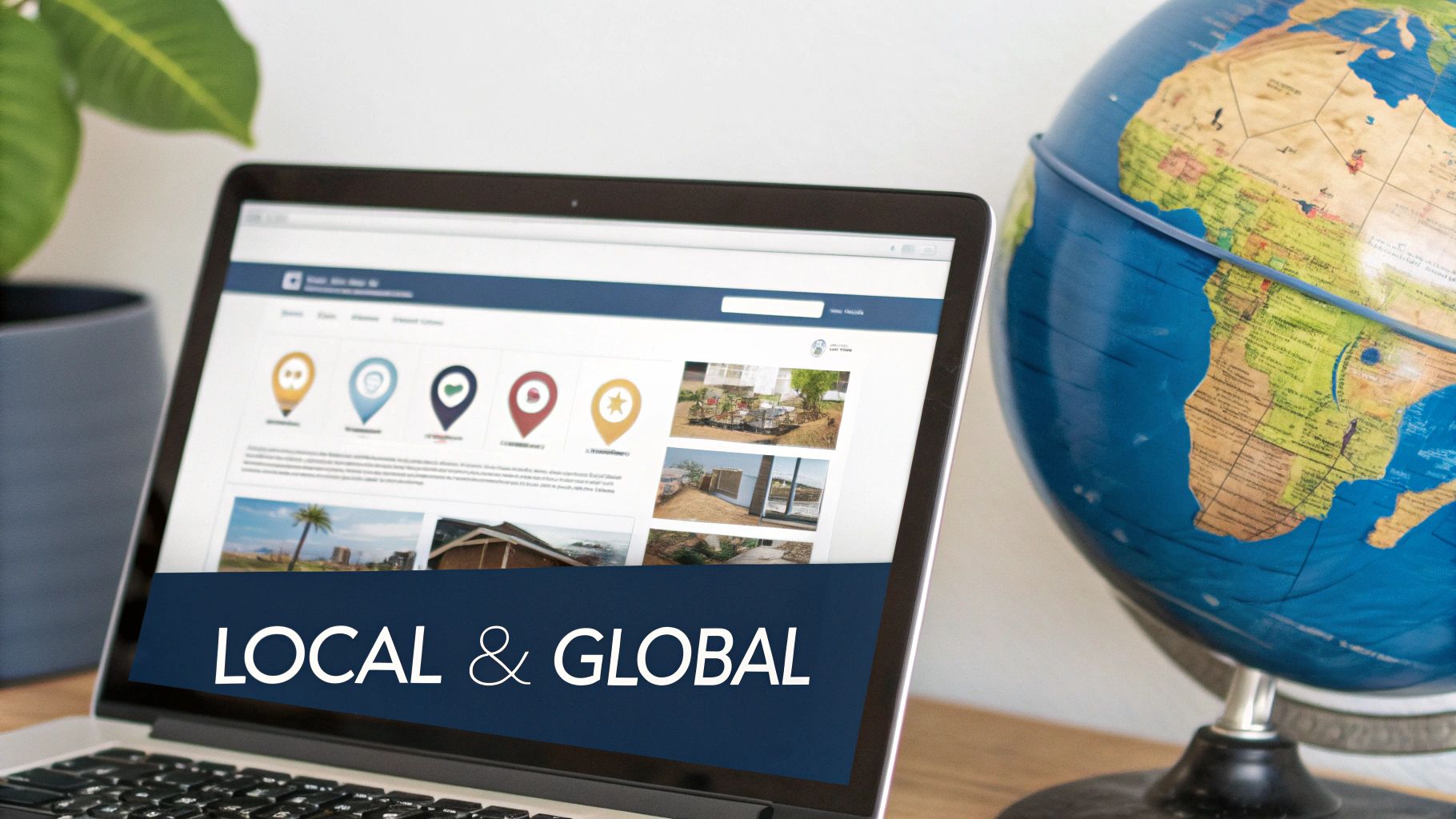 Consultant reviewing website optimization on a laptop and tablet, indicating local and global reach.