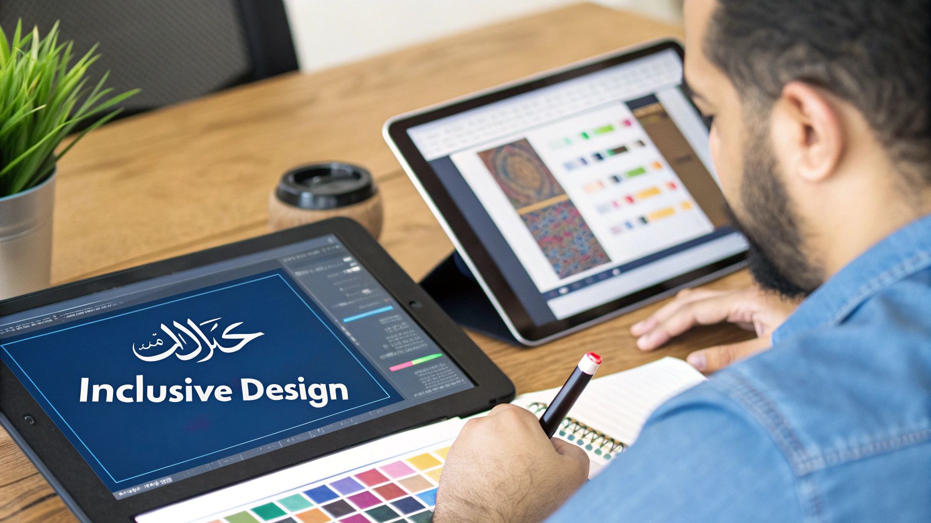 A stylish ecommerce website displayed on a laptop and smartphone, showcasing a mobile-first design with both English and Arabic text options.
