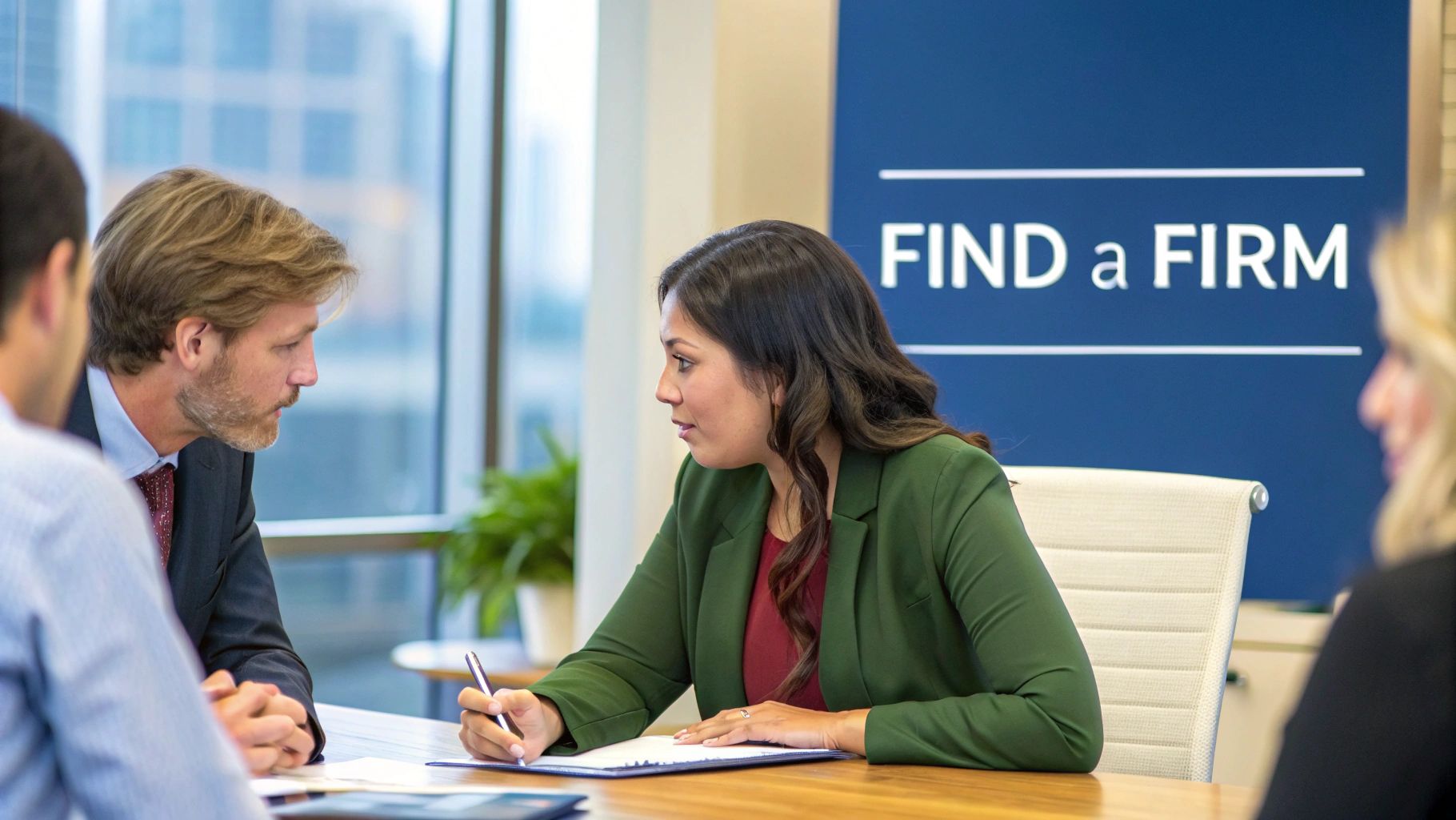 Two professionals shaking hands across a desk, signifying a strong business partnership.