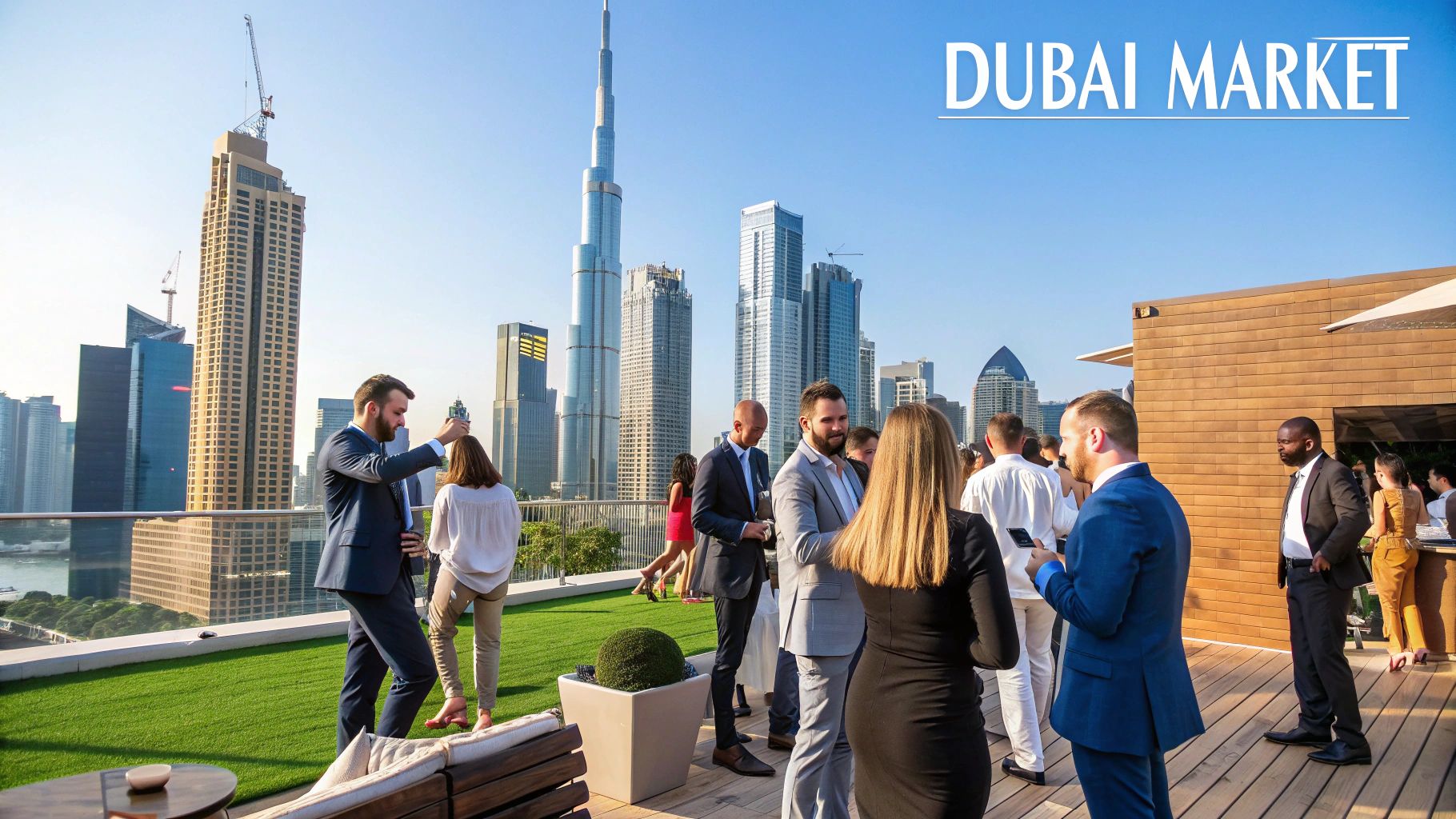 A modern cityscape of Dubai, showing its iconic skyscrapers and bustling business environment.