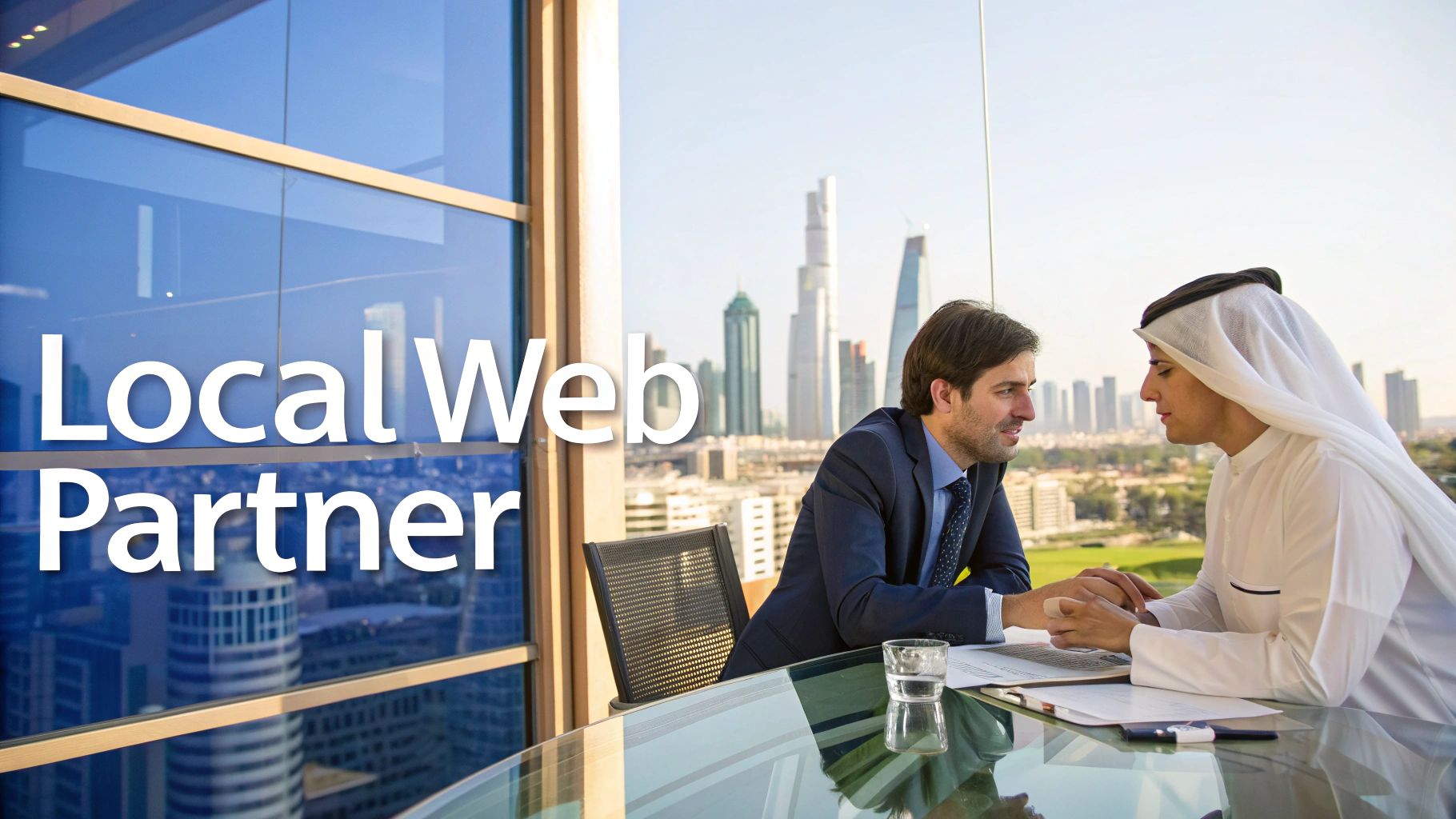 A team of web designers collaborating on a project in a modern Sharjah office.