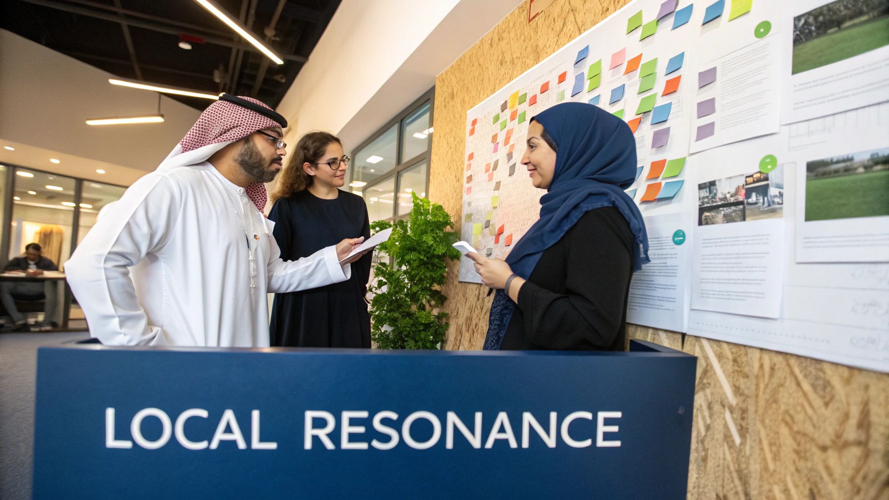 A diverse group of professionals collaborating in a modern Dubai office, with cultural symbols subtly integrated into the decor.