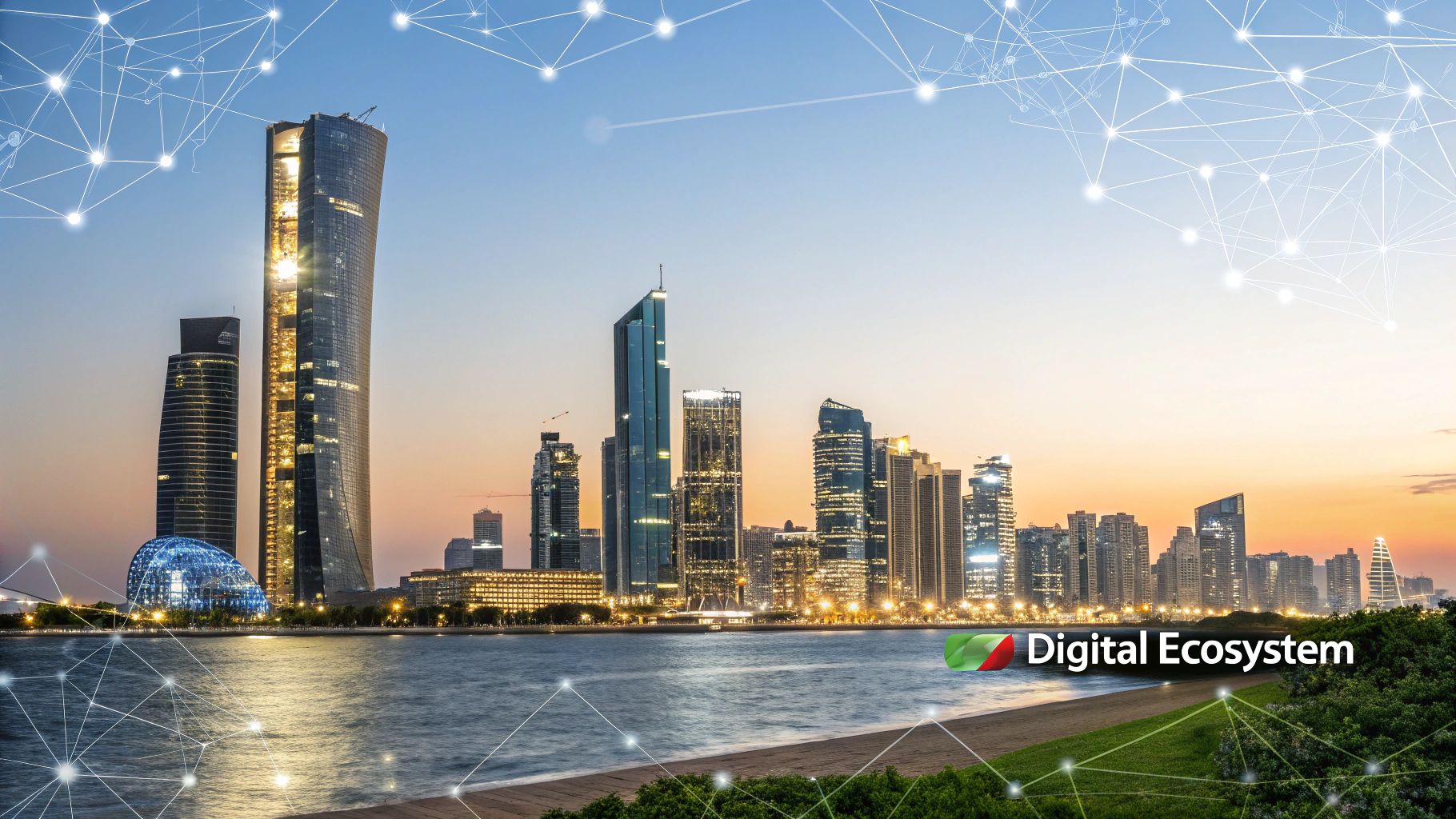 A modern cityscape of Abu Dhabi, showcasing its futuristic architecture and infrastructure at sunset