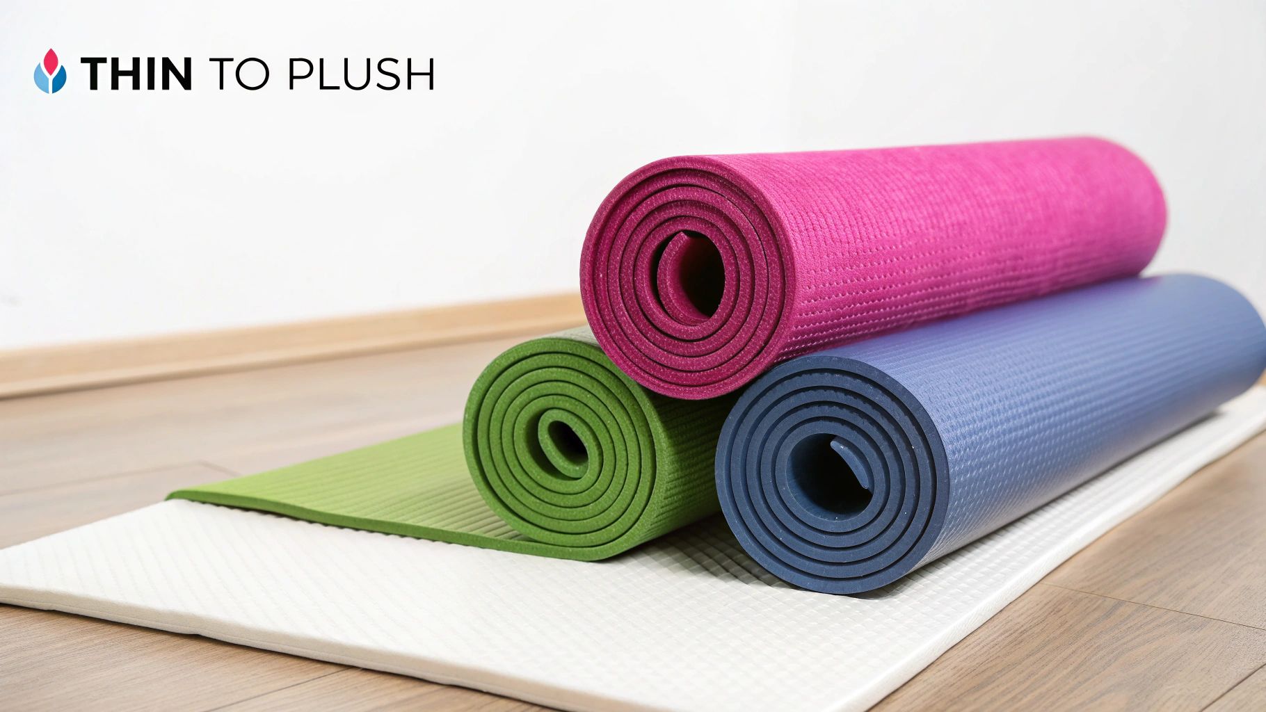 Rolled pink, green, and blue yoga mats showcasing different thicknesses on a white mat.
