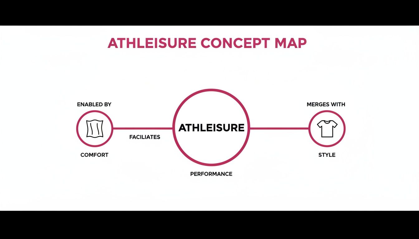 A concept map illustrating Athleisure, showing it's enabled by comfort, facilitates performance, and merges with style.