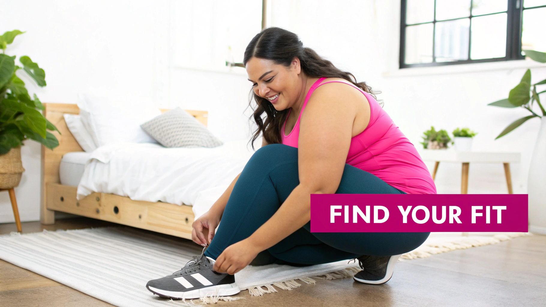 A smiling plus-size woman in a pink top and teal leggings ties her running shoe.