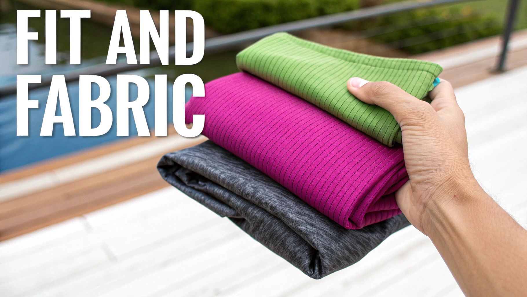 A woman with a joyful expression stretches in a sunlit room, wearing bright, well-fitting activewear.
