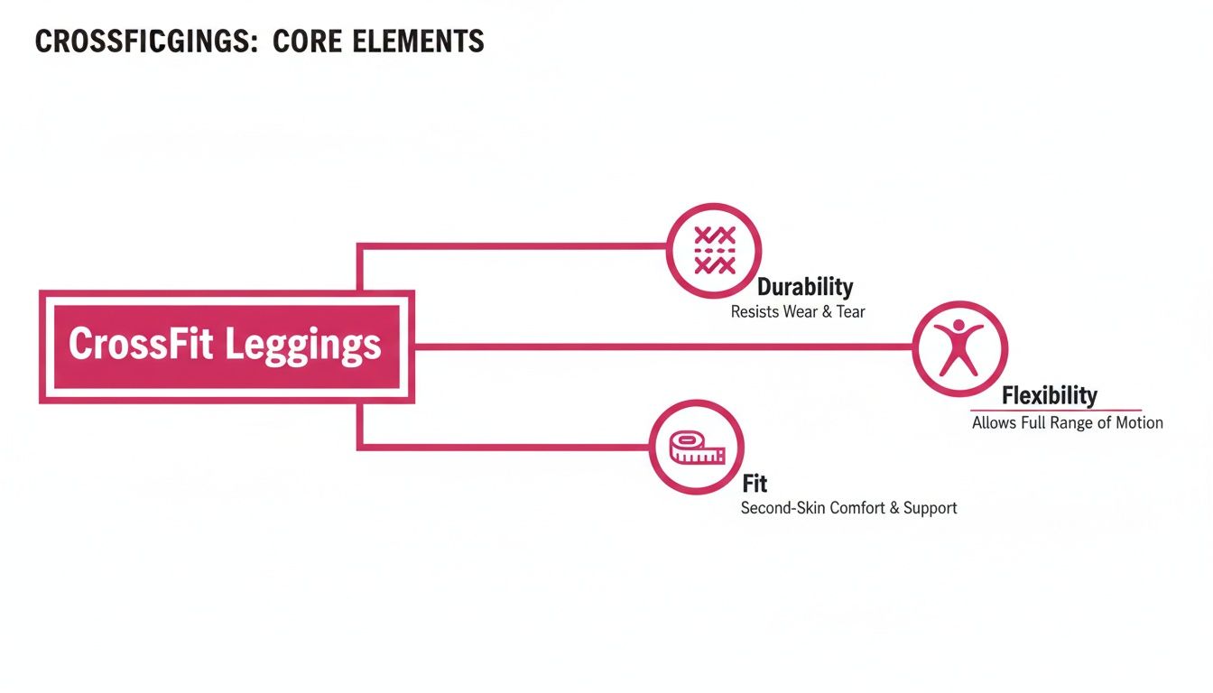 Diagram outlining the core elements of CrossFit Leggings: Durability, Flexibility, and Fit.