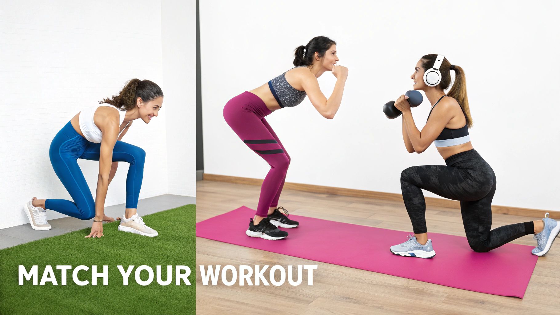 Three women in modern gym clothes demonstrating various exercises: running, squats, and lunges.