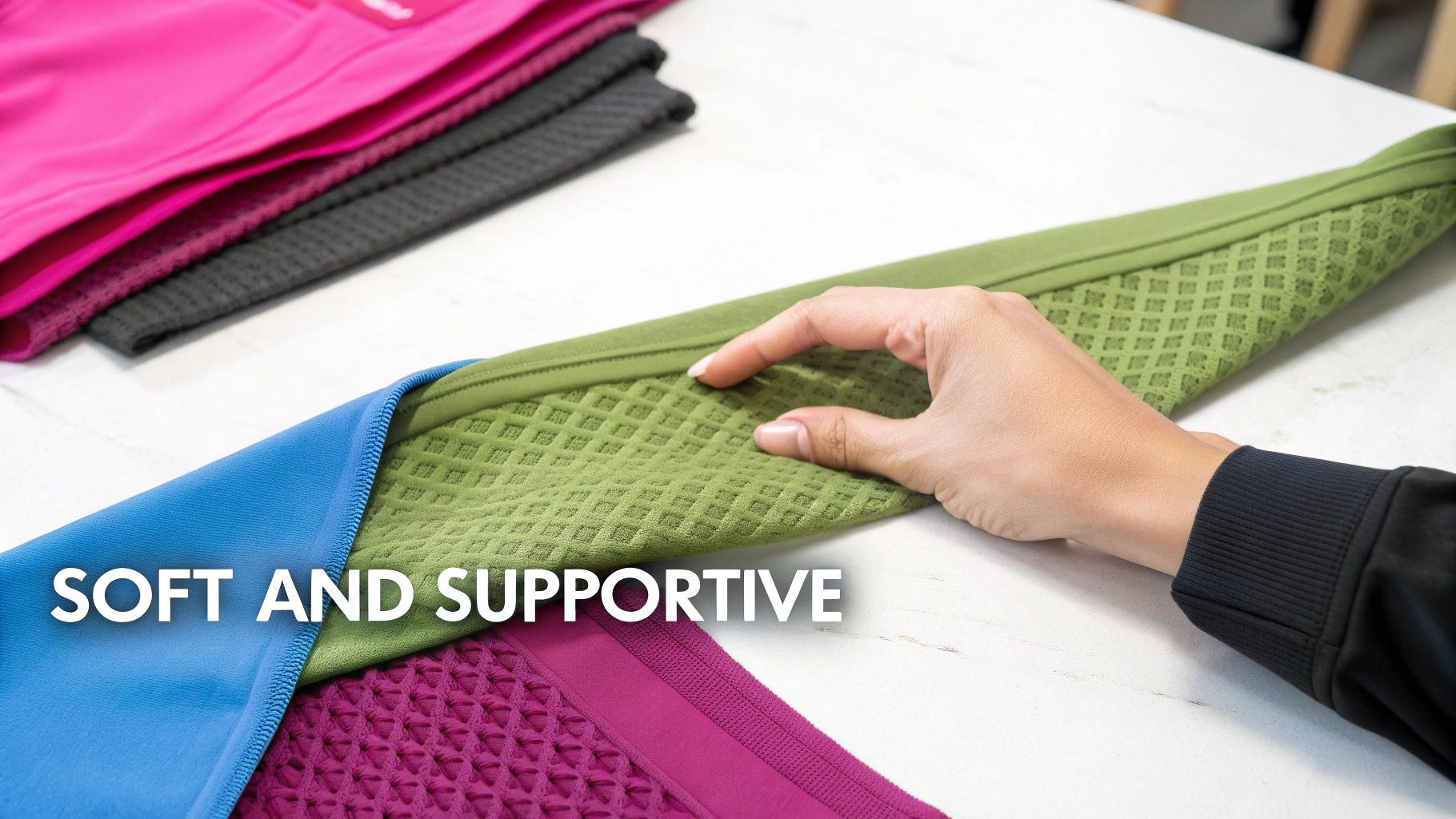 A hand gently presses on a soft, supportive green textured fabric, surrounded by other colorful textiles.