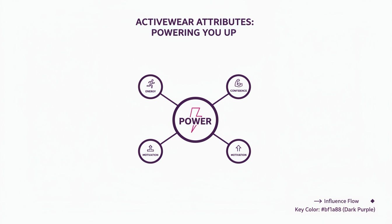 Diagram illustrating activewear attributes such as energy, confidence, and motivation contributing to overall power.