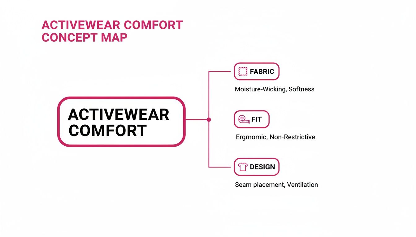 An activewear comfort concept map detailing fabric properties, ergonomic fit, and design elements.