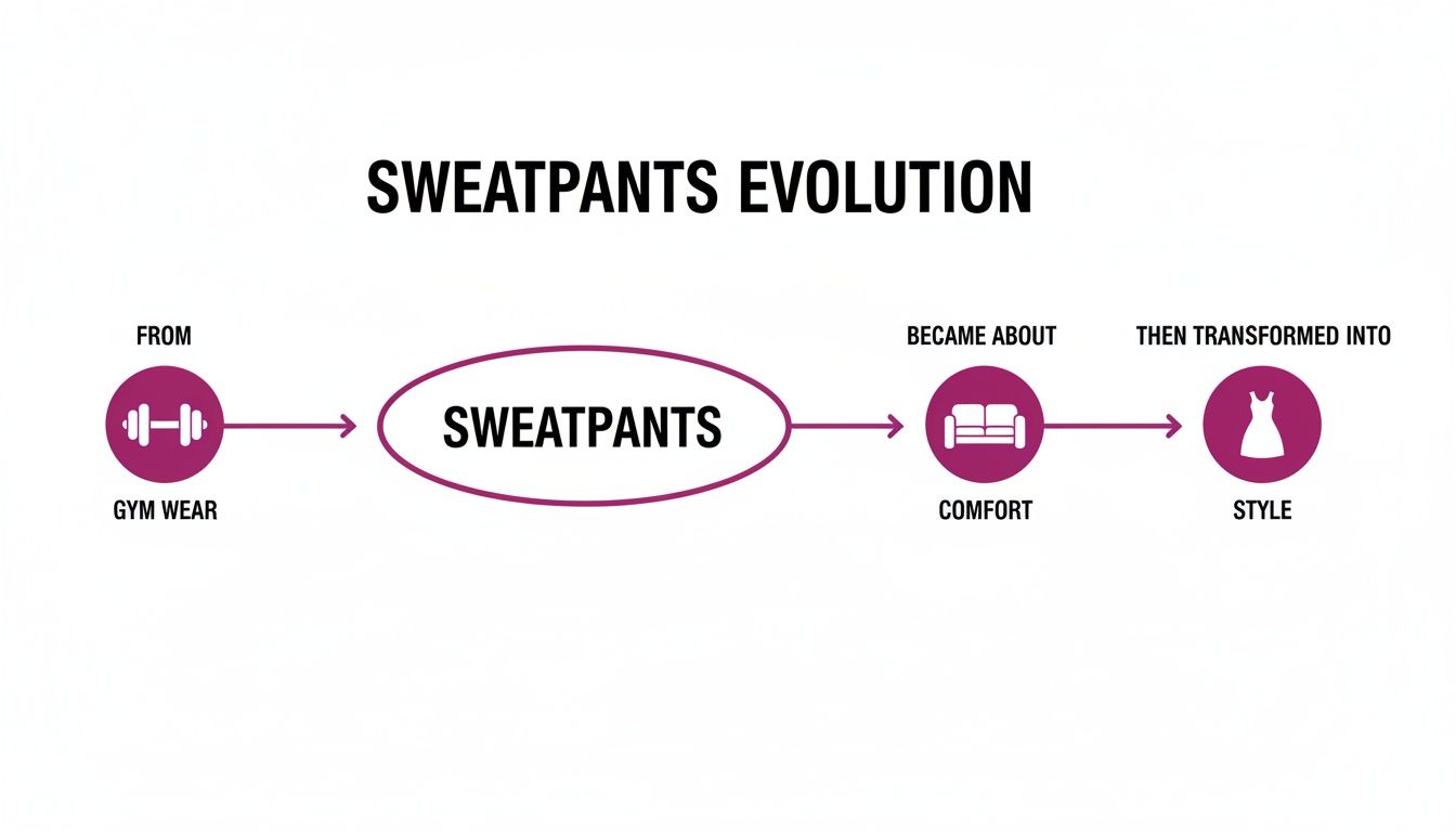 A visual flowchart showing sweatpants evolving from gym wear to comfort and finally style.