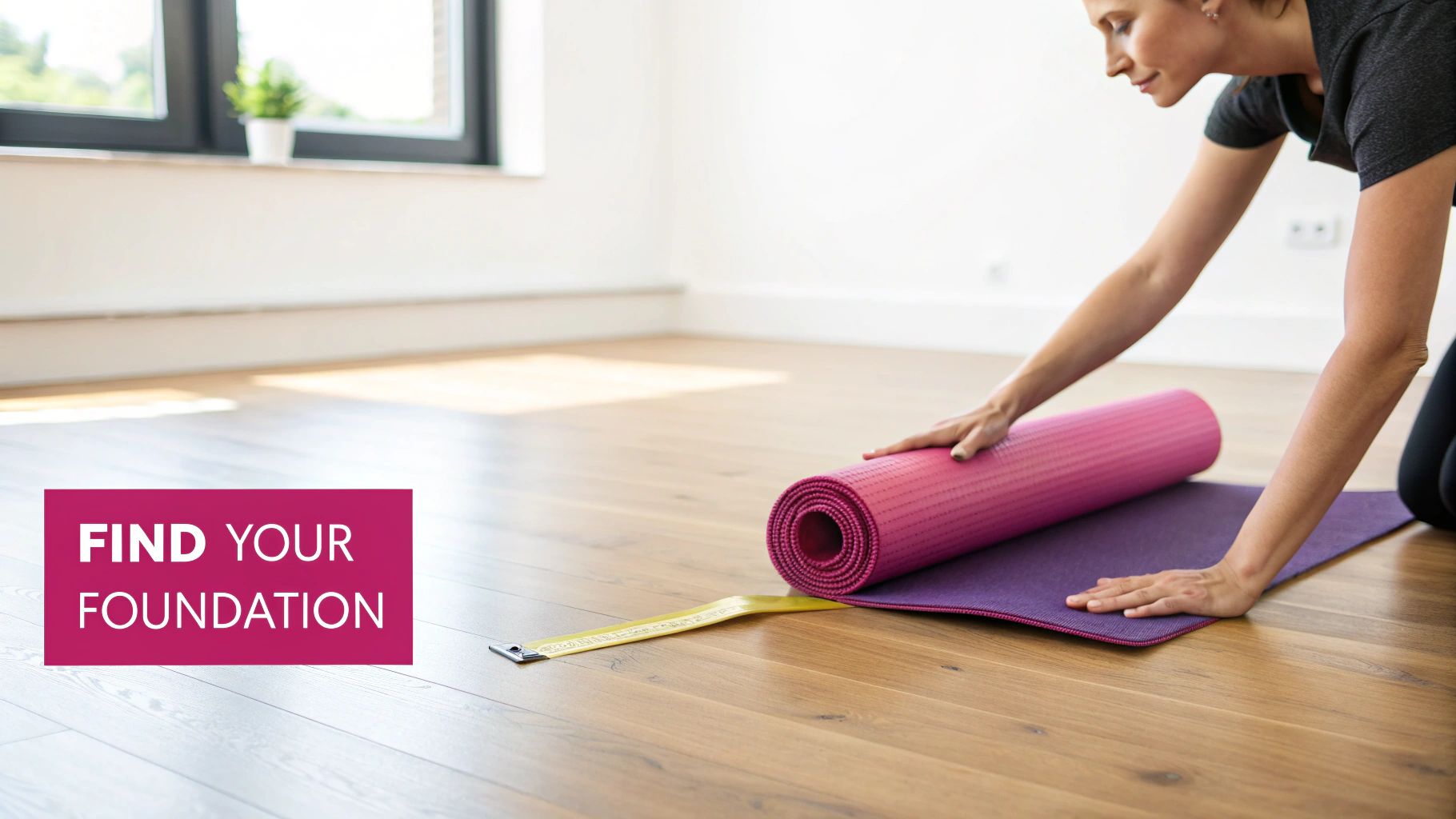 A woman unrolling a pink yoga mat onto a purple mat on a light wooden floor.