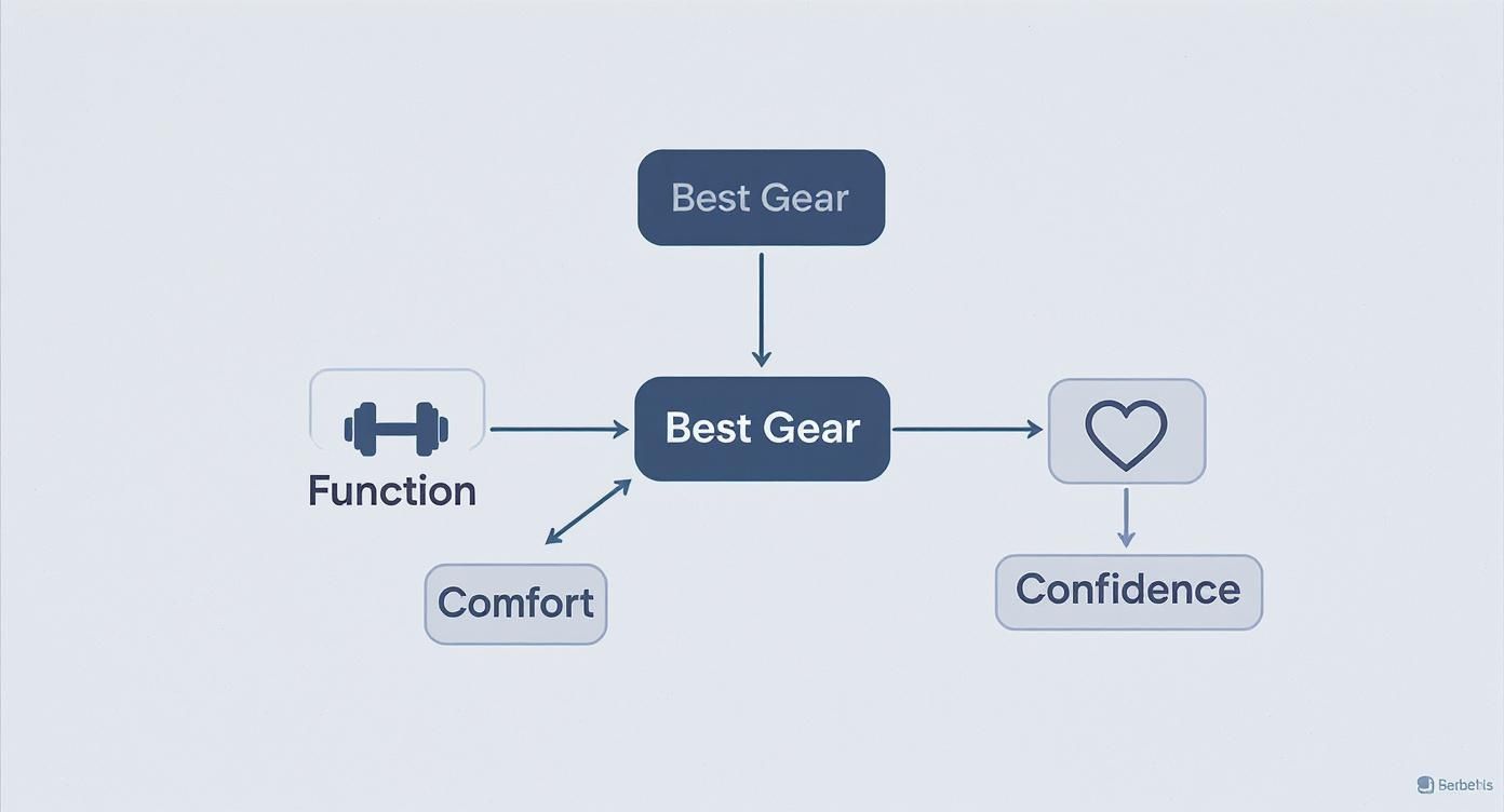 Flowchart illustrating that best gear, stemming from function and comfort, leads to confidence.