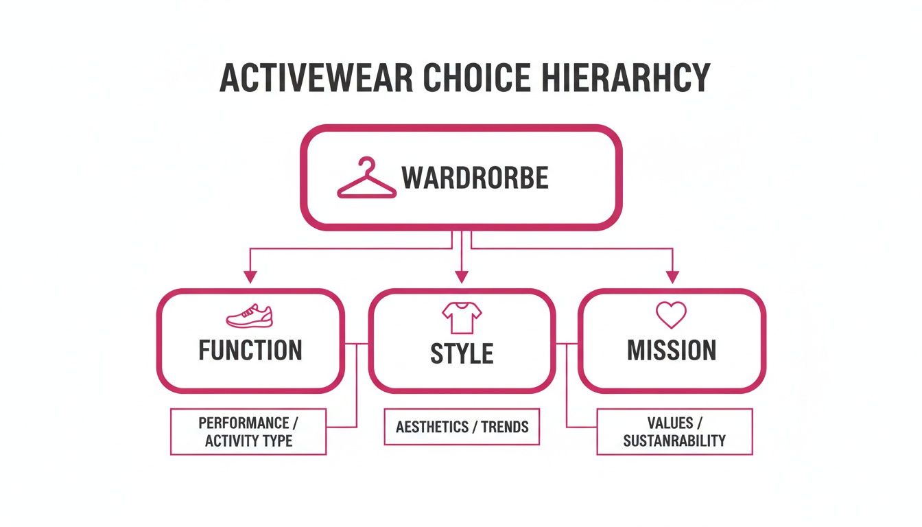 A diagram illustrating the activewear choice hierarchy, showing factors like function, style, and mission.