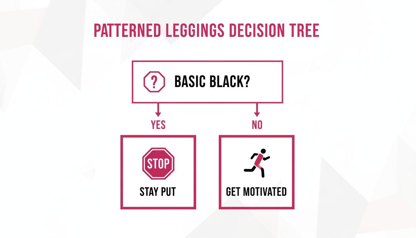 A decision tree flowchart for patterned leggings asks 'BASIC BLACK?'. 'YES' leads to 'STOP STAY PUT'. 'NO' leads to 'GET MOTIVATED'.