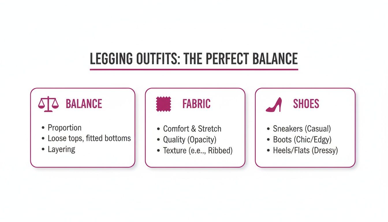 An infographic showing tips for styling leggings, covering balance, fabric, and shoe choices.