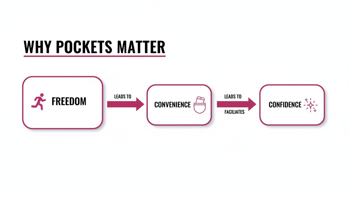 A flowchart titled 'Why Pockets Matter' showing Freedom leading to Convenience, which leads to Confidence.
