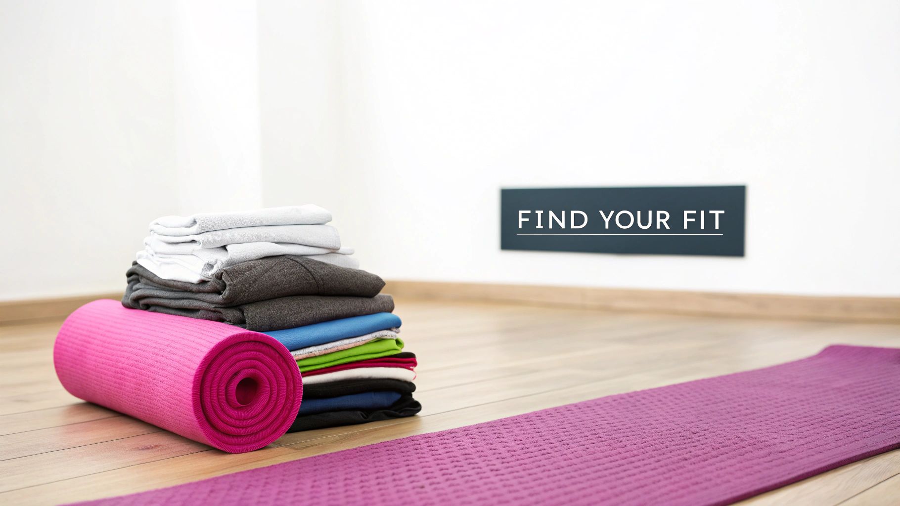 A stack of colorful workout clothes and yoga mats on a wooden floor with a 'FIND YOUR FIT' sign.