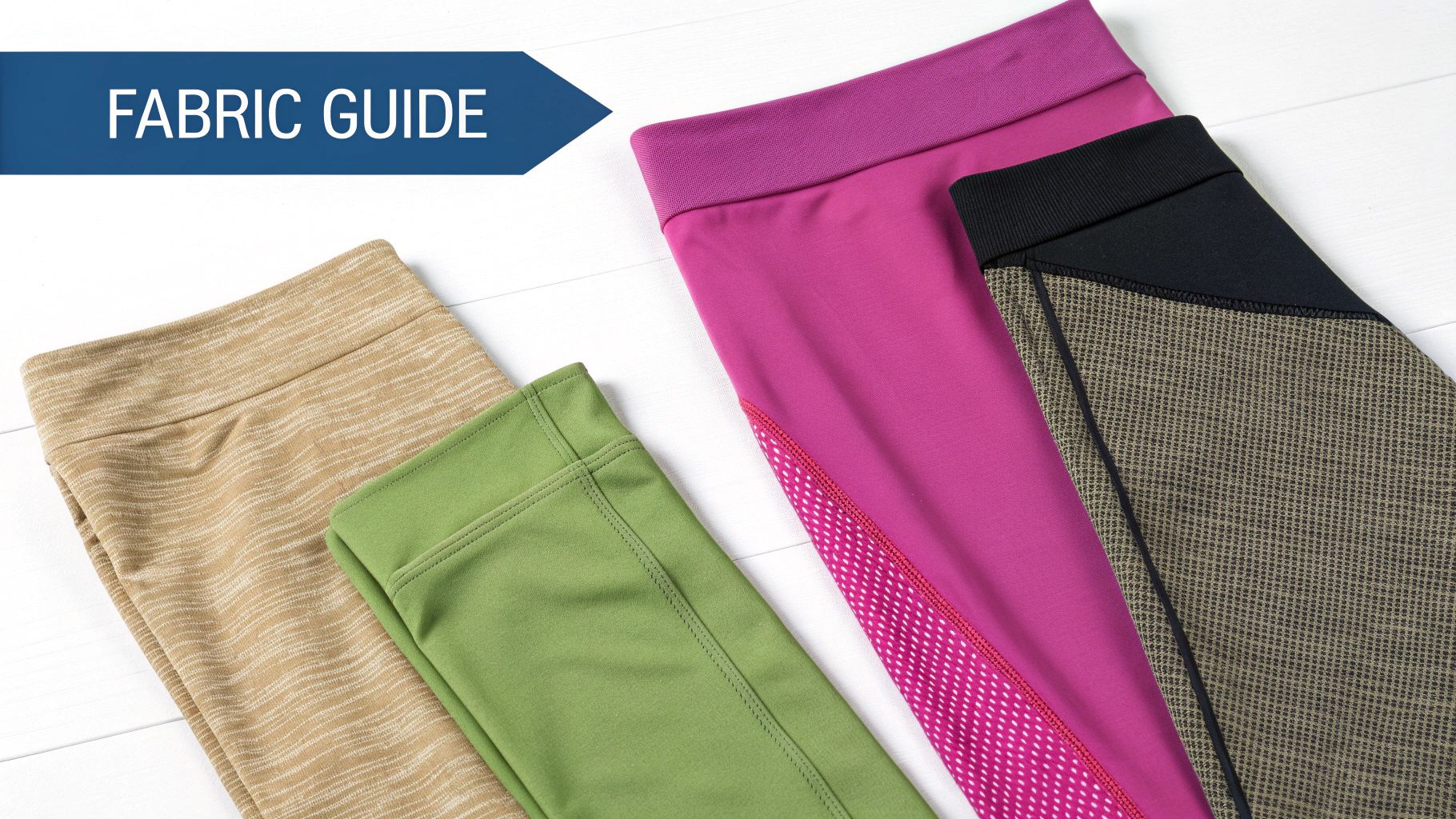 Three colorful athletic leggings laid flat on a white surface, showcasing different fabrics and designs, with a 'FABRIC GUIDE' banner.