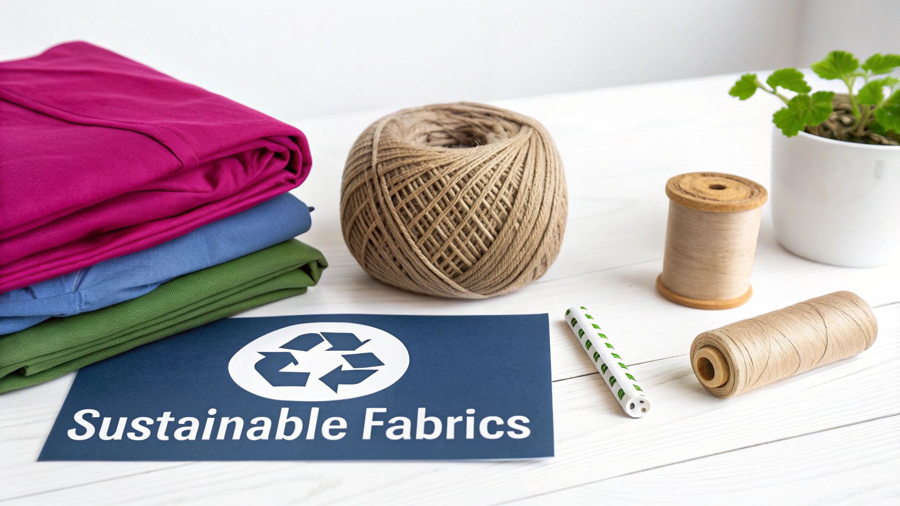 A stack of colorful fabrics, natural yarn, and thread spools next to a 'Sustainable Fabrics' sign.