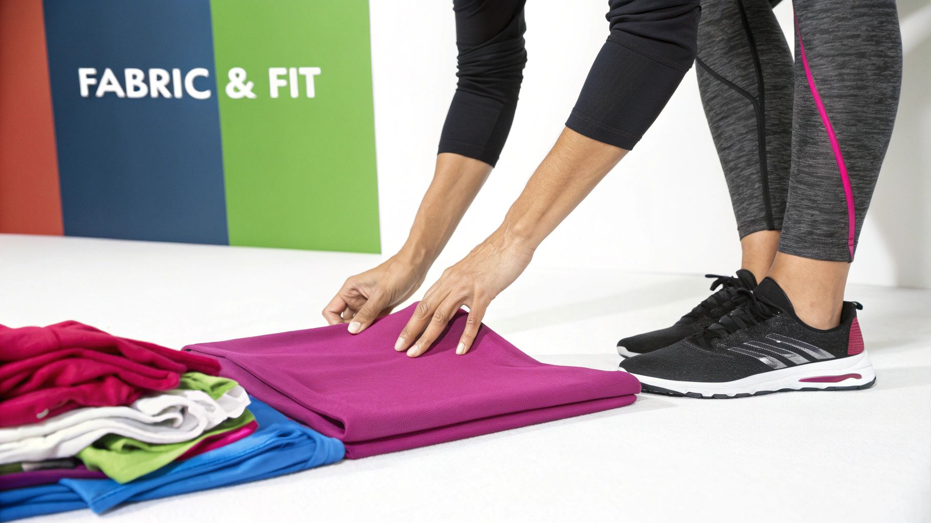 A person folds vibrant magenta workout fabric, surrounded by colorful athletic wear and a 'FABRIC & FIT' sign.