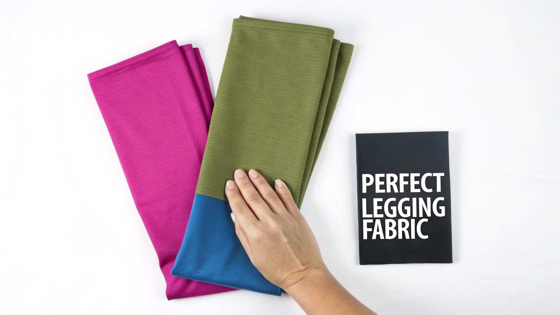 A hand touches olive green and blue fabric next to magenta fabric and a book titled 'Perfect Legging Fabric'.